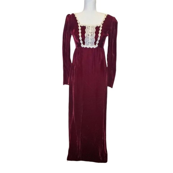 Vintage 60s 70s Wine Red Velvet Prairie Dress Crochet Trim Floor Length Small - Picture 1 of 12
